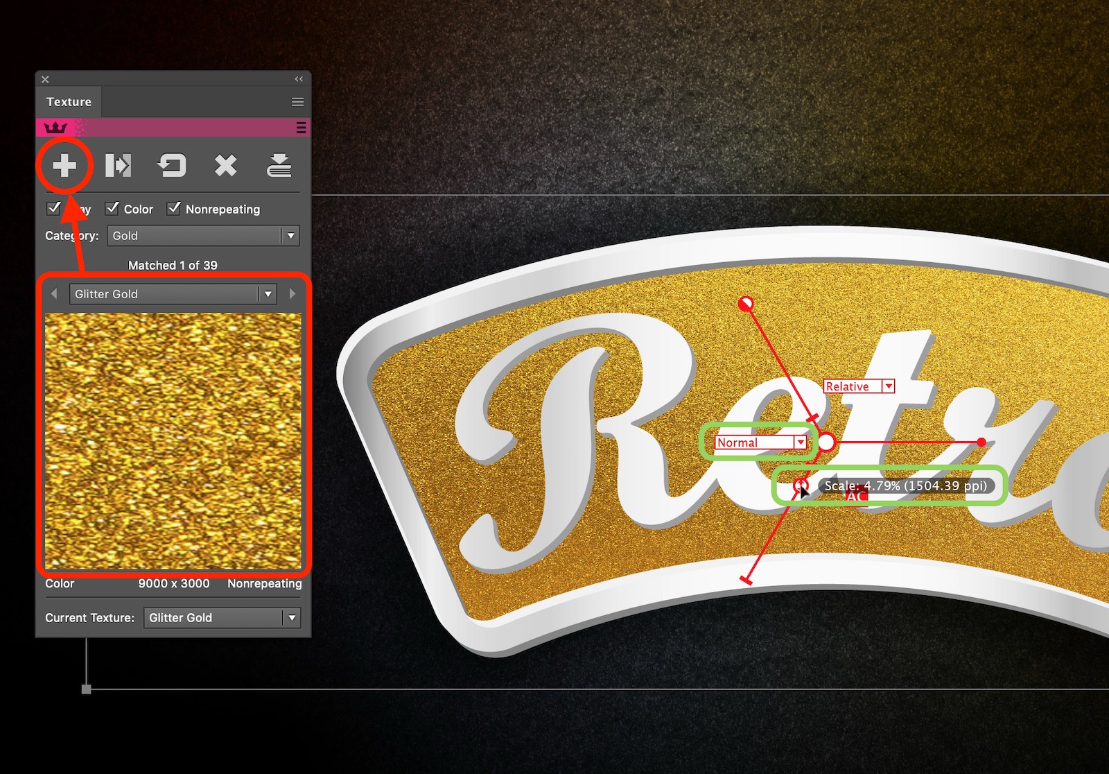 Apply glitter gold texture to vector artwork