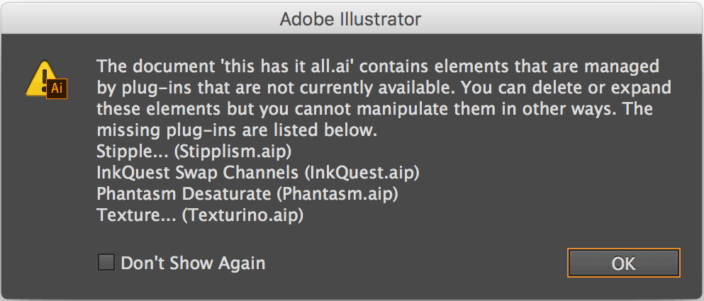 No plugin present warning dialog in Adobe Illustrator
